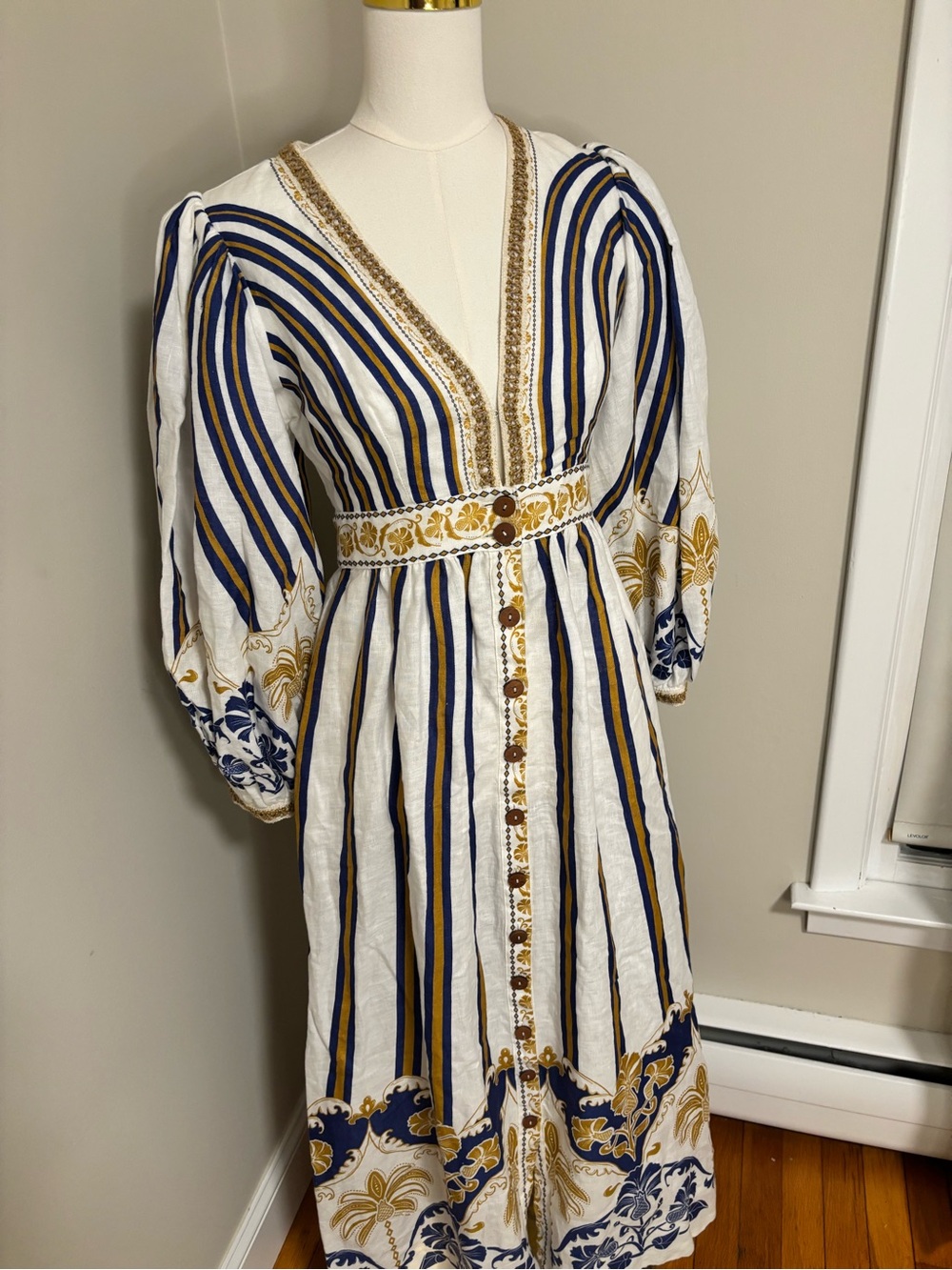 Farm Rio Pineapple Linen Midi Dress Blue Gold Embroidered Puff Sleeve Small NWT - Picture 7 of 14